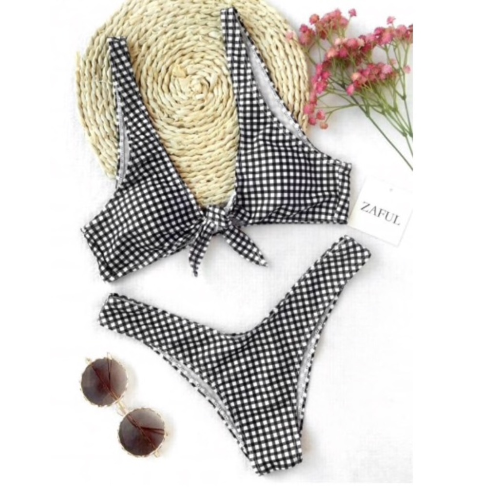 Zaful Front Tie Thong Plaid Bikini